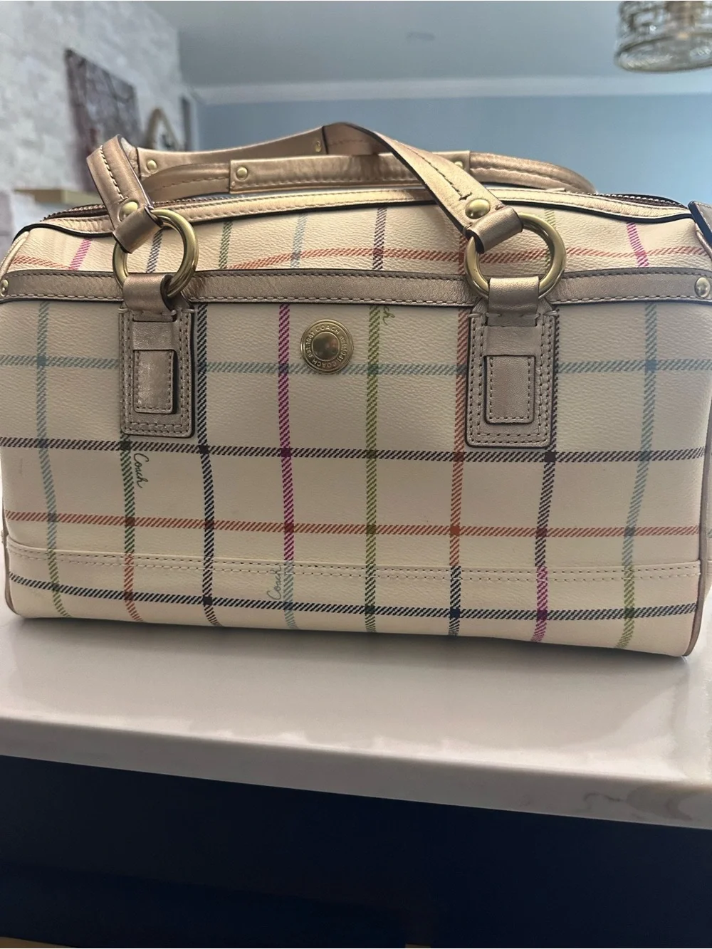 Coach Cream Satchel with Multicolor Plaid Stripes